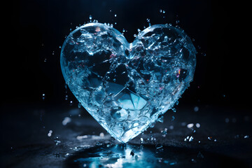 Heart shape of blue ice with icicles and crystals against a black background representing the emotions of being cold-hearted, heartbroken, unloved, cold, and closed-hearted,
