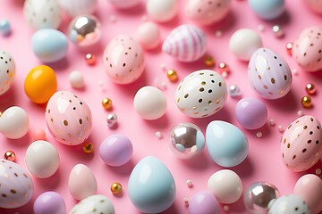 background pink pastel isolated eggs multicolored bunnies easter white confetti glowing decorations photo view Top animal arrangement beautiful blink rabbit card celebration colours composition