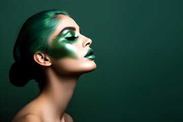 Fashion editorial Concept. Closeup portrait of stunning pretty woman with chiseled features, green glitter makeup. illuminated with dynamic composition and dramatic lighting. copy text space