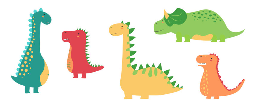Naklejki Cartoon dinosaur, cute dino, animal character vector icon, baby sticker set, funny kid collection isolated on white background. Drawing kindergarten illustration