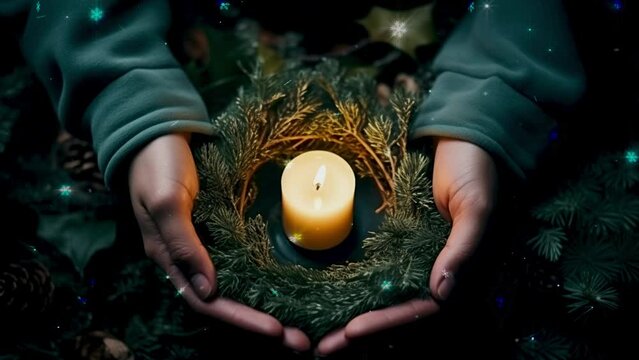 Womens hands holding a christmas candle (video contains AI generated image)