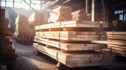 Boards of fresh wood lie in the production workshop.