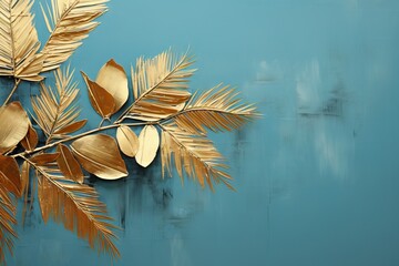 background turquoise desaturated leaves palm date painted gold Three leaf dawn decoration nature...