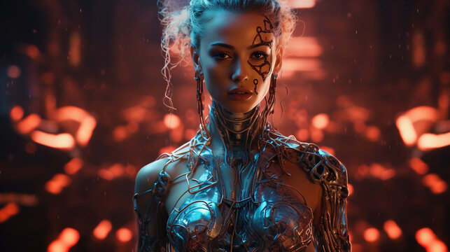 Futuristic cyborg portrait, half-human, half-machine, intricate circuitry