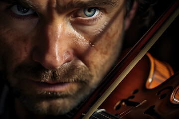 classical violinist, intense focus, fine lines of expression, refined textures of the violin wood