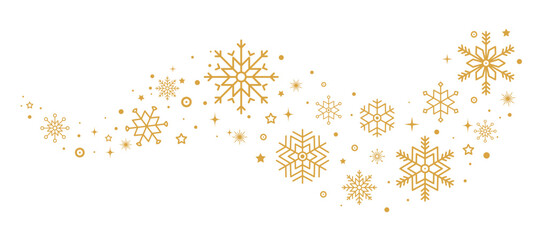 Abstract golden snowflakes border isolated on white background. Christmas card with snowfall, star, sparkling and glitter texture. Luxury New year ornament. Vector  - obrazy, fototapety, plakaty