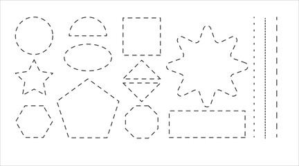 Set of dashed geometric objects. Vector design templates. Black cutting outlines for coupons, discounts, tickets