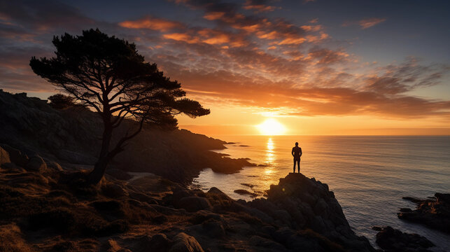 Solitary figure at the edge of a cliff, contemplative and overawed by the vast ocean, silhouette against the sunset
