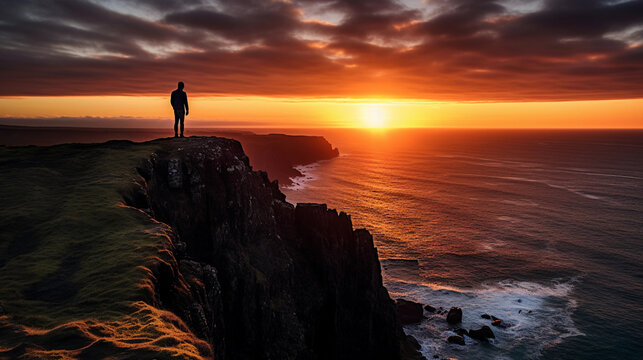 Solitary figure at the edge of a cliff, contemplative and overawed by the vast ocean, silhouette against the sunset