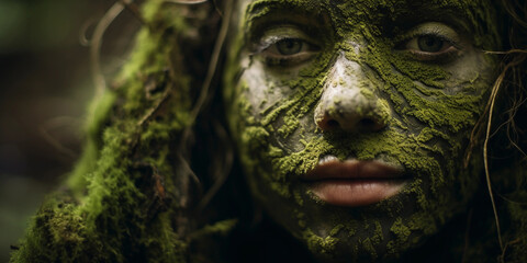 Obraz premium Surreal portrait blending human and nature, face transitioning into a tree bark texture, moss and leaves as hair