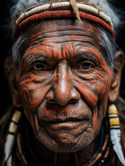 tribal elder, face paint details, cultural tattoos, wise eyes