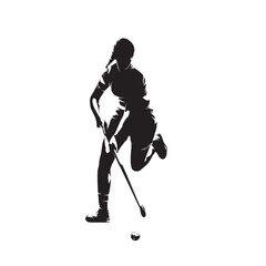 Floorball, active woman. Female floorball player, isolated vector silhouette