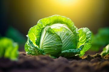 A juicy fresh head of cabbage lies on the ground in the garden.