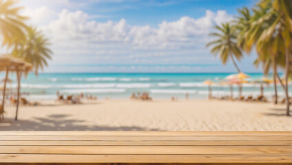 An empty wooden board table on a blurred background of a sunny beach with the sea palm trees and vacationing people - obrazy, fototapety, plakaty