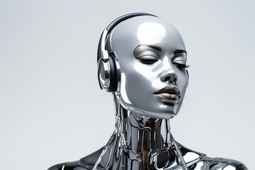 human mannequin with a bald and a glowing silver skin