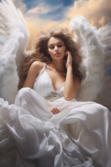 Beautiful young woman with white angel wings in the clouds in heaven. AI Generated