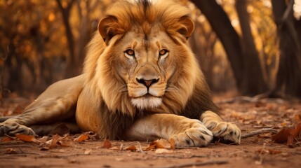 Male lion lying on the ground in Kruger National park, South Africa ; Specie Panthera leo family of Felidae Generative AI - Powered by Adobe