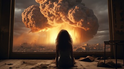 Nuclear explosion. Girl sitting by the window looking at atomic bomb blast. Apocalypse in the city. AI Generated - obrazy, fototapety, plakaty