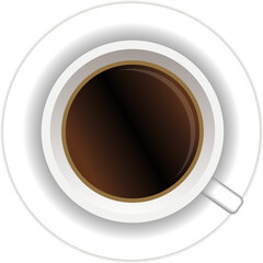 Ceramic mug of coffee or tea. Cup of hot drink on plate. Top view. realistic style illustration,transparent, png.