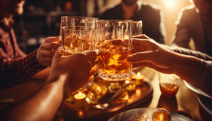 Selective focus at whiskey glass in hands, cheer and toast, blur and defocus background of interior bar vibe with golden bokeh.	
