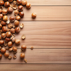 Hazelnuts on wooden background. Generated AI