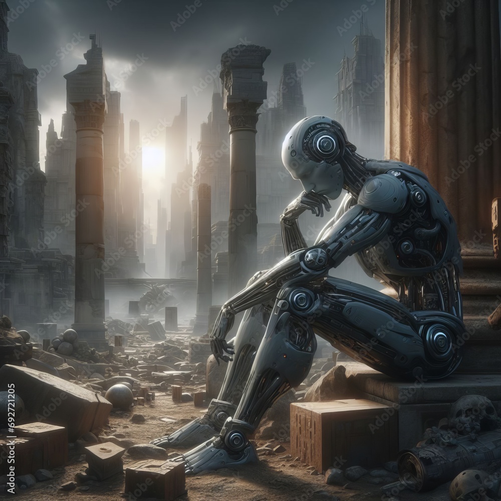 Wall mural robot sits thoughtfully on the ruins of an ancient city and reflects