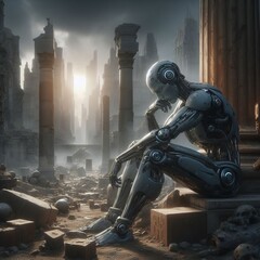 robot sits thoughtfully on the ruins of an ancient city and reflects