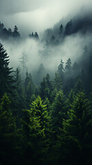 Top shot of a foggy coniferous forest. Generated AI