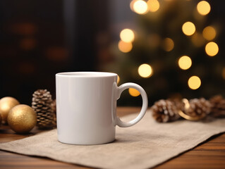 Festive White 11 oz Mug Mockup with Christmas Tree Bokeh Background