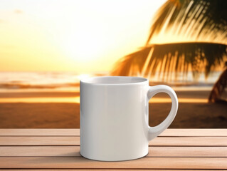 Tropical Sunrise 11 oz White Mug Mockup on Beachfront