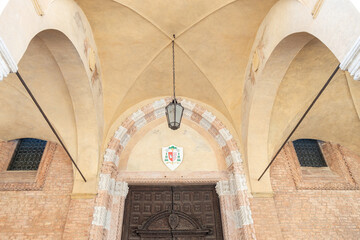 View of doorway of Santa Maria dei Servi Church, in Padua city center; Veneto, Italy