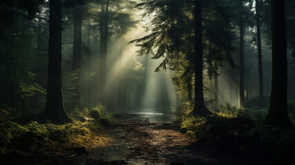 morning in a dense forest, with fog weaving through the trees and a sense of quiet and mystery enveloping the woodland