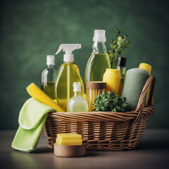 Eco friendly cleaning products. Basket with set of natural household cleaning supplies, home cleaning non toxic