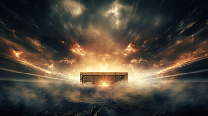 open box revealing a beam of divine light on a heavenly stage