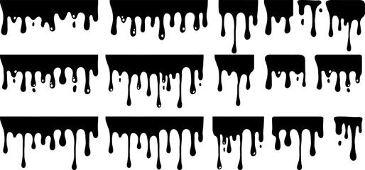 Paint dripping. Black dripping ink. Dripping liquid. Current paint, stains. Flowing liquid on transparent background - obrazy, fototapety, plakaty