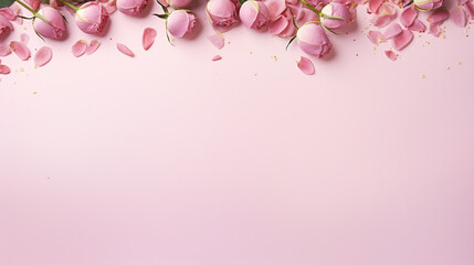 Artistic top view photograph featuring a delightful composition of budding pink peony rose buds and scattered sprinkles on an isolated pastel pink surface, o blank space. - obrazy, fototapety, plakaty