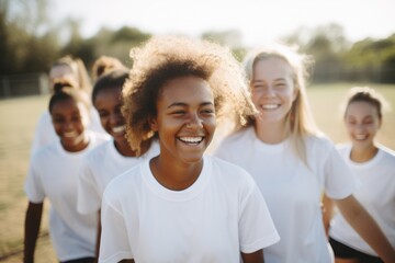 Group portrait of youth football team on soccer field