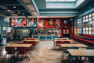Interior of a empty high school cafeteria