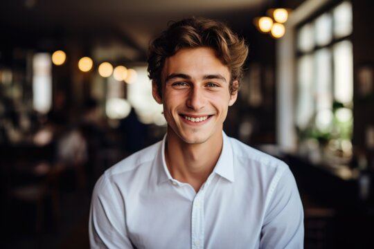 Smiling portrait of young waiter in restaurant