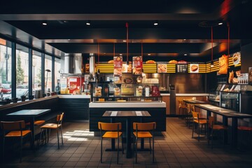 Interior of empty fast food restaurant - obrazy, fototapety, plakaty