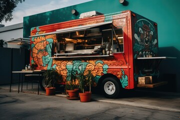 Exterior of food truck parked in city street