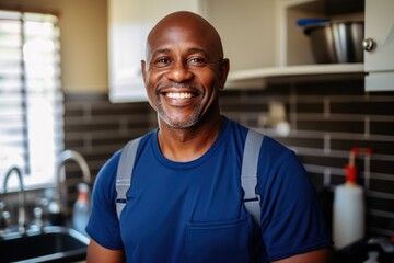 Smiling portrait of male plumber during home visit