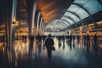Interior of a modern airport terminal with people