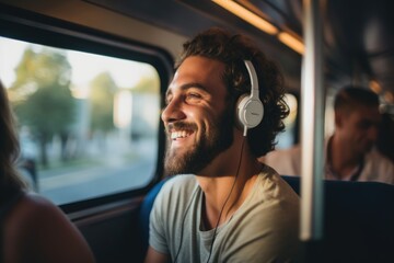 Smiling young man with headphones sitting in bus - Powered by Adobe
