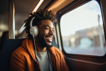 Smiling young man with headphones sitting in bus - obrazy, fototapety, plakaty