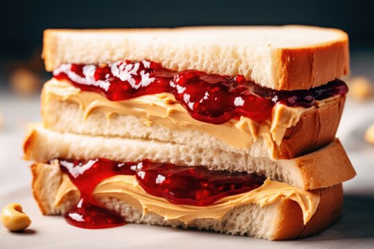 Close up peanut butter and jelly sandwich on table