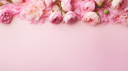 Charming top view photo showcasing the beauty of pink peony roses and whimsical sprinkles on an isolated pastel pink surface, creating an  inviting blank space.