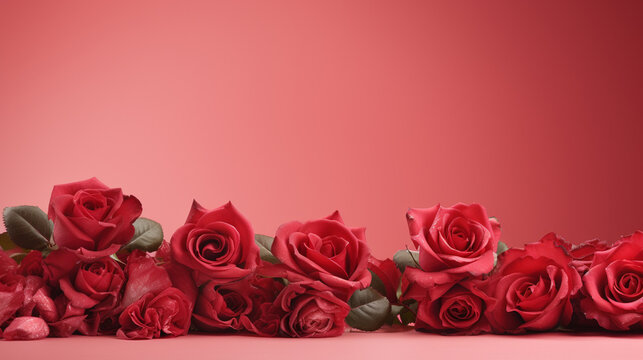 Charming display of red roses on a pale red surface, creating an enchanting and romantic image with copyspace,