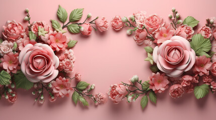 Detailed shot capturing the intricate details of a frame made of rose flowers and fresh green leaves, set against a charming pink background for a graceful display.