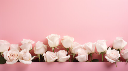 Enchanting display of pink and white roses on a pink background, offering a captivating and timeless image with copyspace,